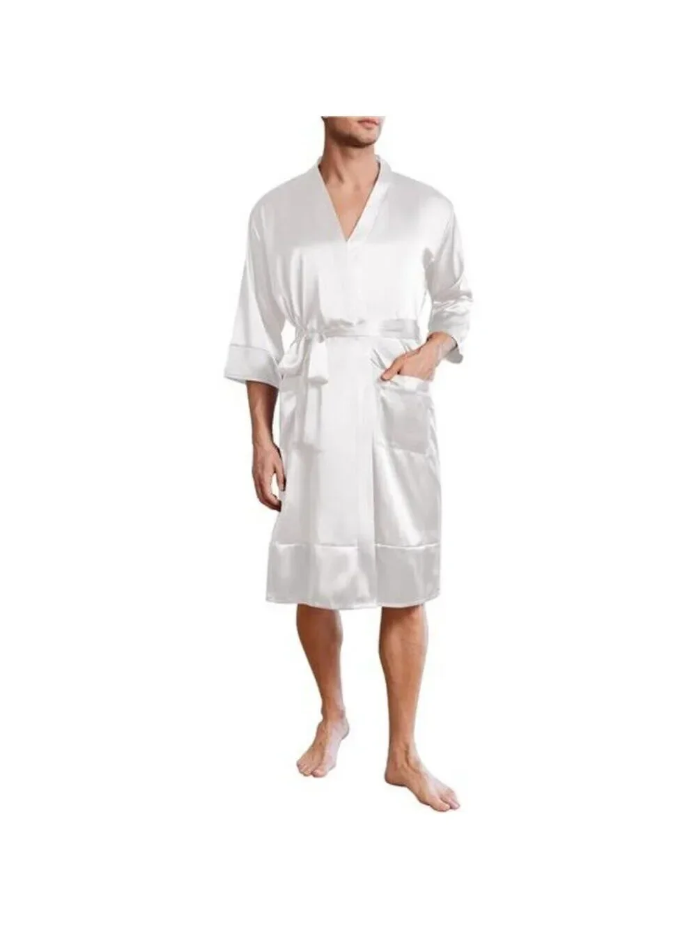 Men’s White Lightweight Silky Satin Robe Kimono Bathrobe 3/4 Sleeve with Pockets